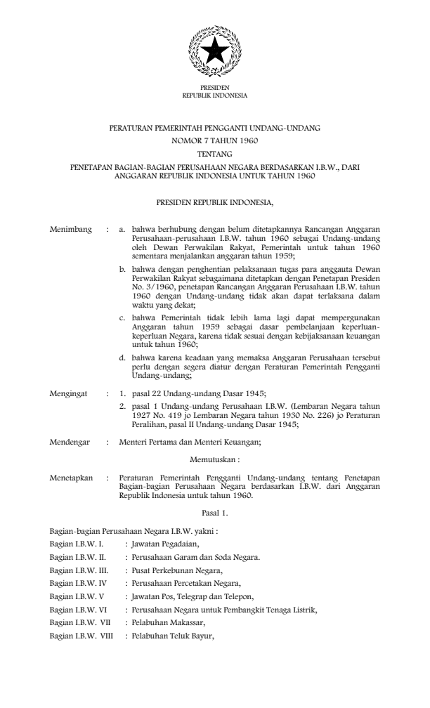 Peraturan Pemerintah Penganti Undang-undang Nomor 7 Tahun 1960