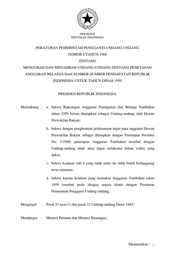 Peraturan Pemerintah Penganti Undang-undang Nomor 8 Tahun 1960