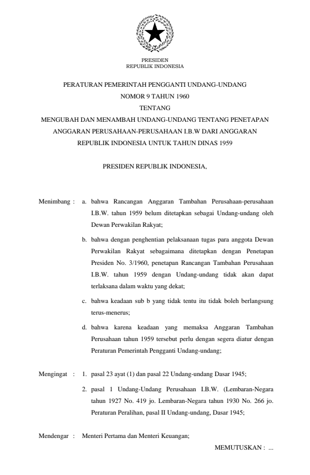 Peraturan Pemerintah Penganti Undang-undang Nomor 9 Tahun 1960