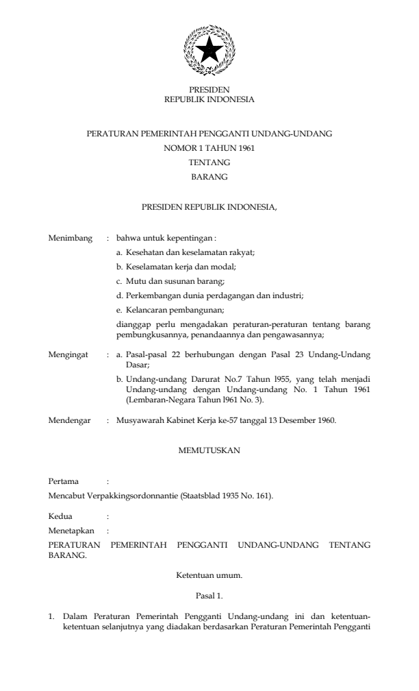 Peraturan Pemerintah Penganti Undang-undang Nomor 1 Tahun 1961