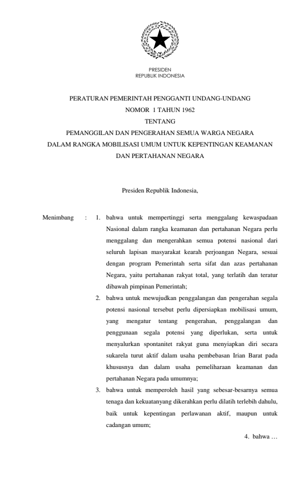 Peraturan Pemerintah Penganti Undang-undang Nomor 1 Tahun 1962