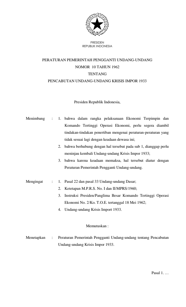 Peraturan Pemerintah Penganti Undang-undang Nomor 10 Tahun 1962