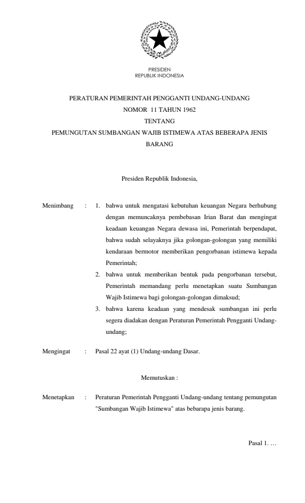 Peraturan Pemerintah Penganti Undang-undang Nomor 11 Tahun 1962