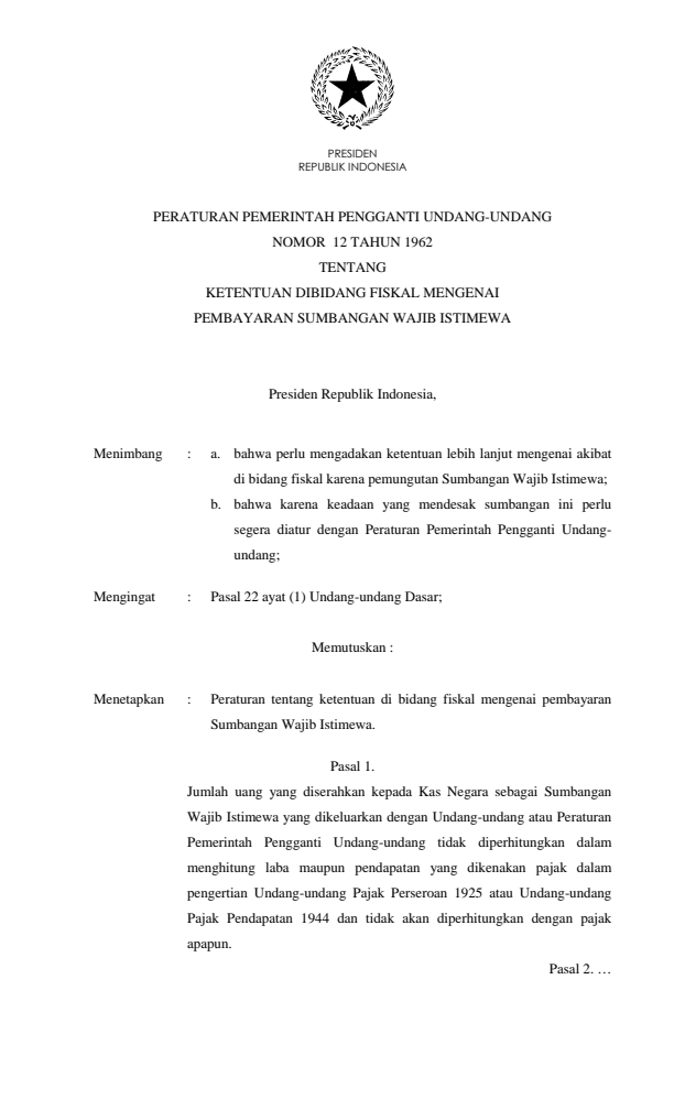 Peraturan Pemerintah Penganti Undang-undang Nomor 12 Tahun 1962