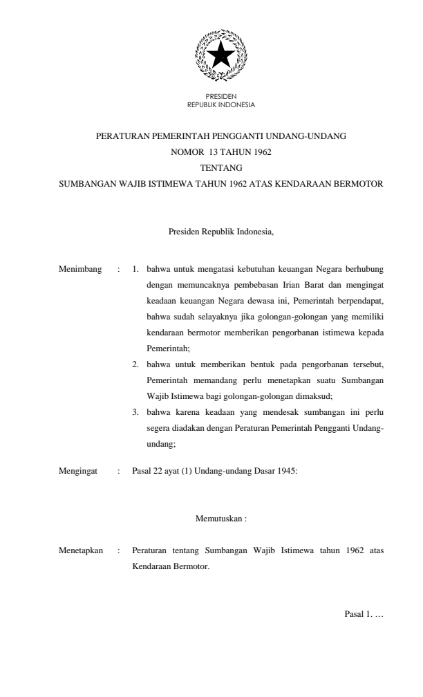 Peraturan Pemerintah Penganti Undang-undang Nomor 13 Tahun 1962