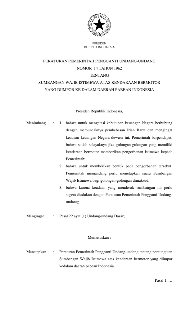 Peraturan Pemerintah Penganti Undang-undang Nomor 14 Tahun 1962