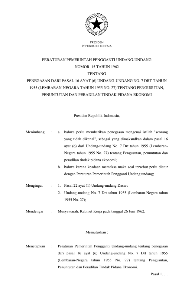 Peraturan Pemerintah Penganti Undang-undang Nomor 15 Tahun 1962