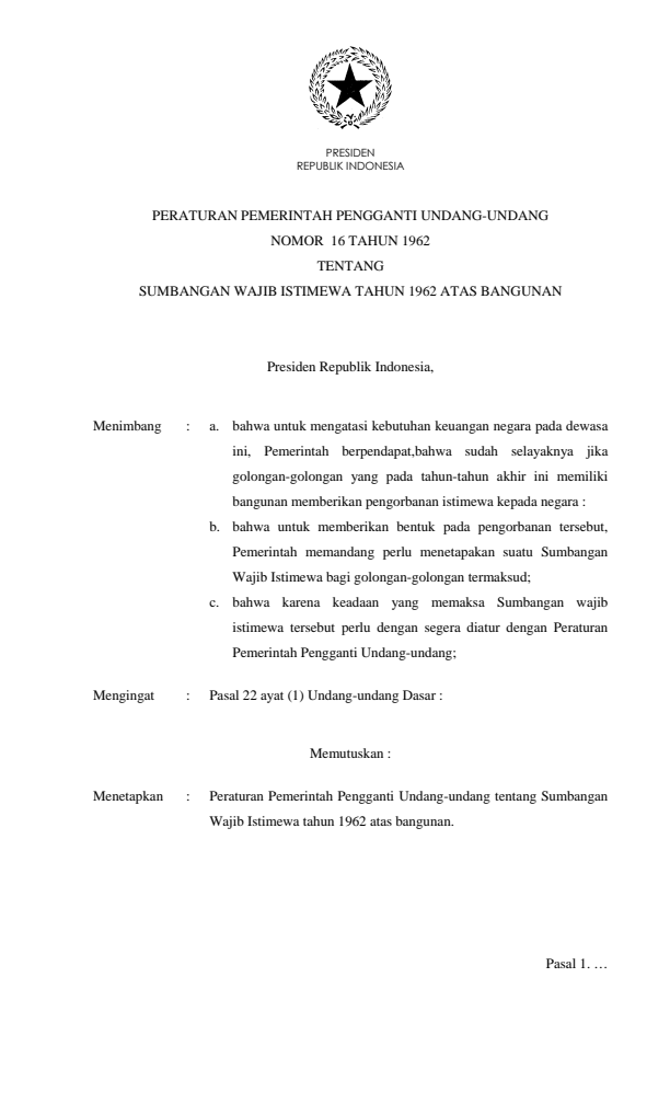 Peraturan Pemerintah Penganti Undang-undang Nomor 16 Tahun 1962