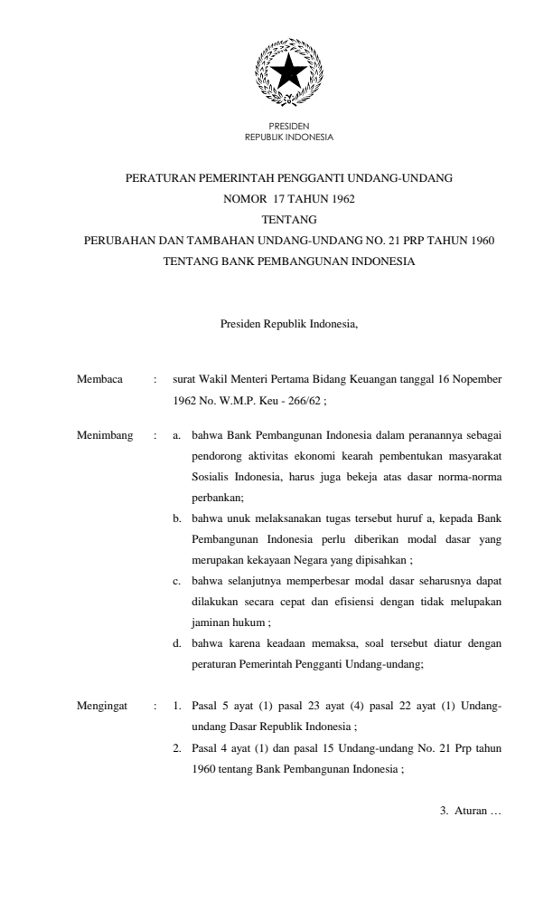 Peraturan Pemerintah Penganti Undang-undang Nomor 17 Tahun 1962