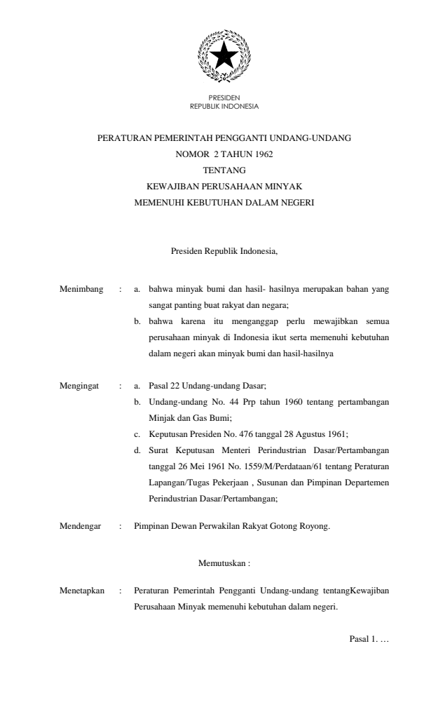 Peraturan Pemerintah Penganti Undang-undang Nomor 2 Tahun 1962