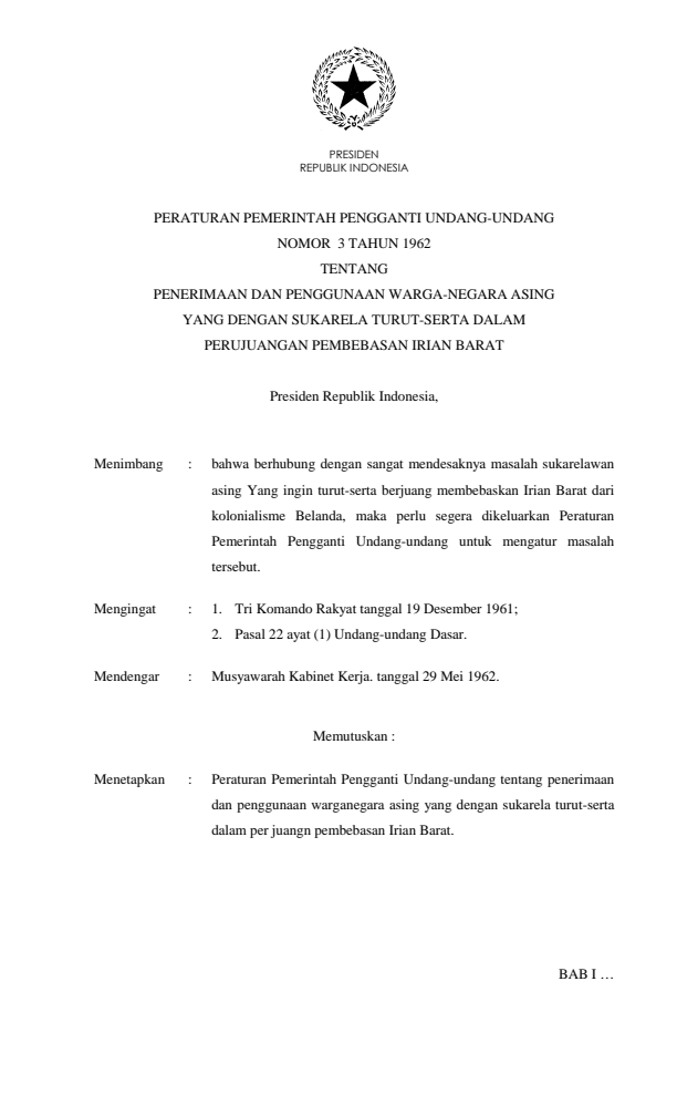 Peraturan Pemerintah Penganti Undang-undang Nomor 3 Tahun 1962