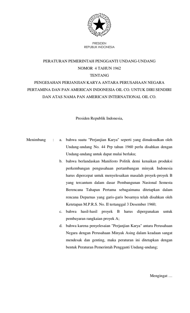 Peraturan Pemerintah Penganti Undang-undang Nomor 4 Tahun 1962