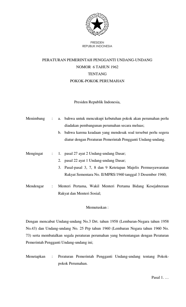 Peraturan Pemerintah Penganti Undang-undang Nomor 6 Tahun 1962