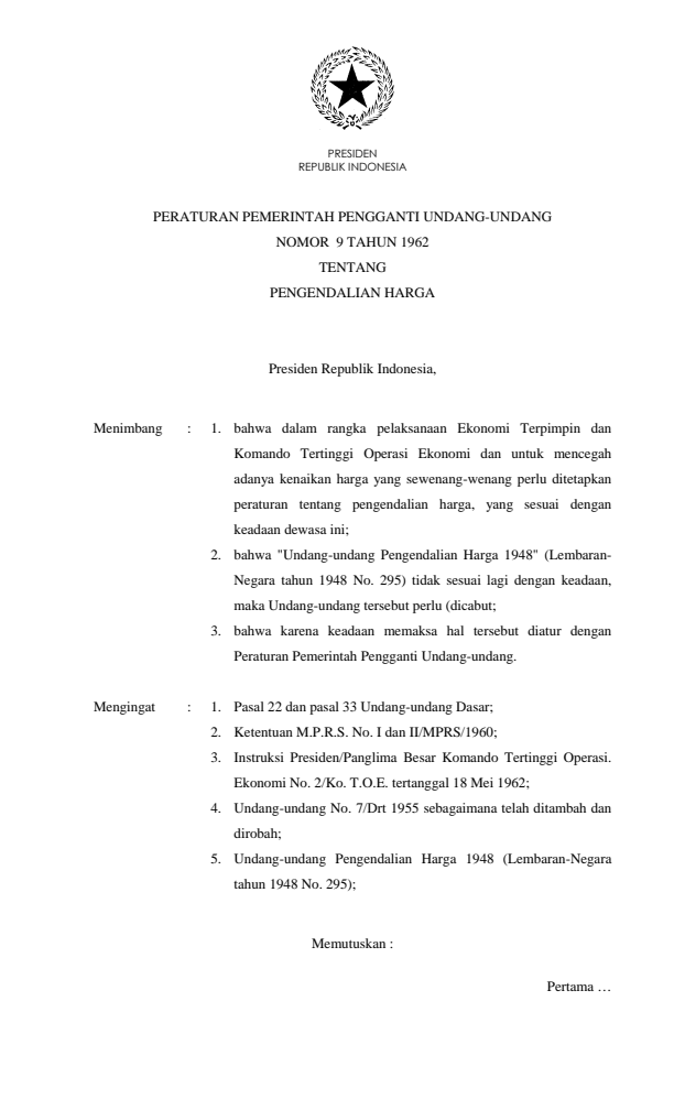 Peraturan Pemerintah Penganti Undang-undang Nomor 9 Tahun 1962