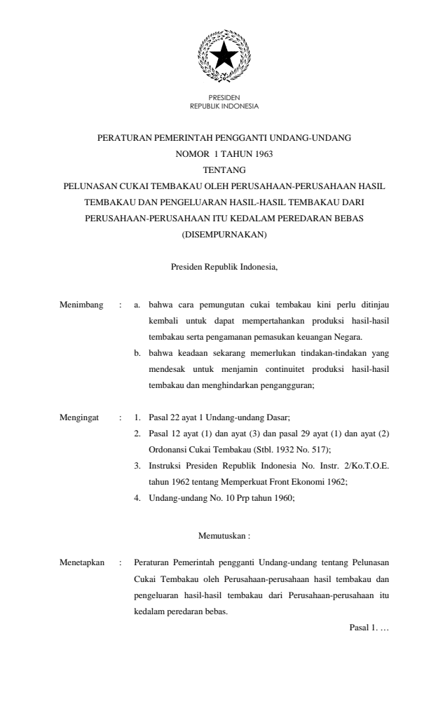 Peraturan Pemerintah Penganti Undang-undang Nomor 1 Tahun 1963