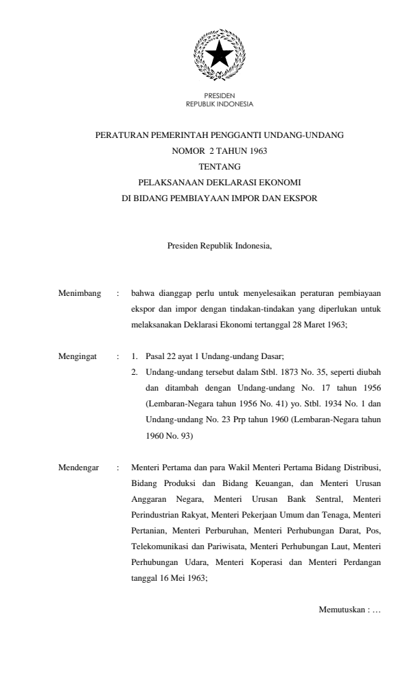 Peraturan Pemerintah Penganti Undang-undang Nomor 2 Tahun 1963