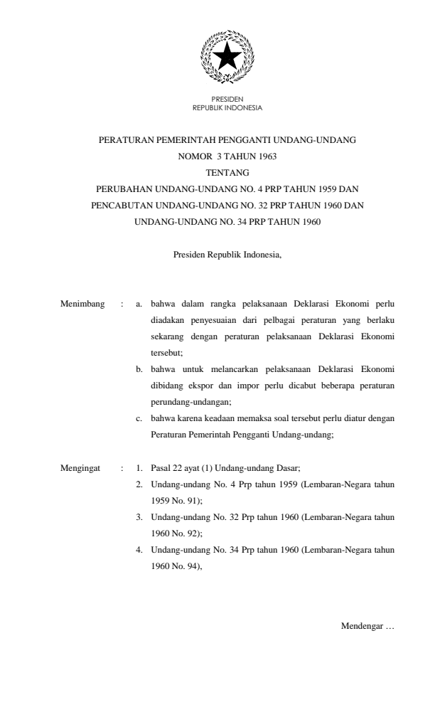 Peraturan Pemerintah Penganti Undang-undang Nomor 3 Tahun 1963