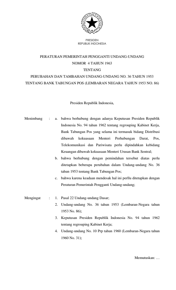 Peraturan Pemerintah Penganti Undang-undang Nomor 4 Tahun 1963