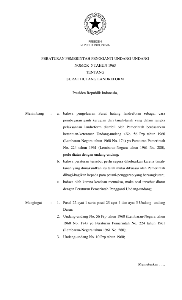 Peraturan Pemerintah Penganti Undang-undang Nomor 5 Tahun 1963