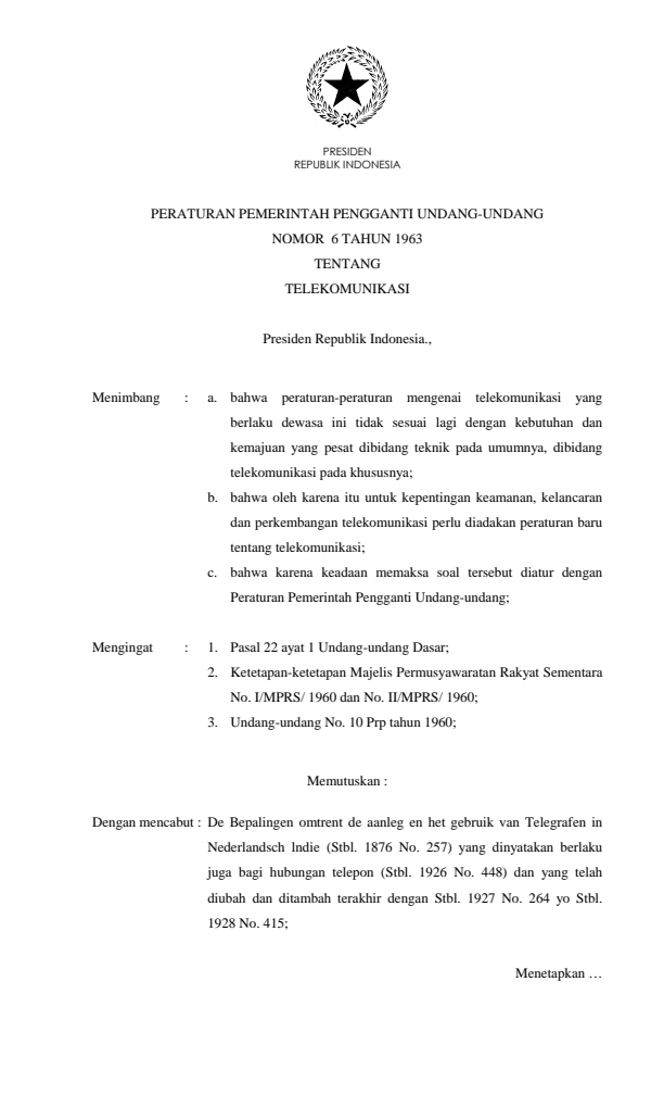 Peraturan Pemerintah Penganti Undang-undang Nomor 6 Tahun 1963