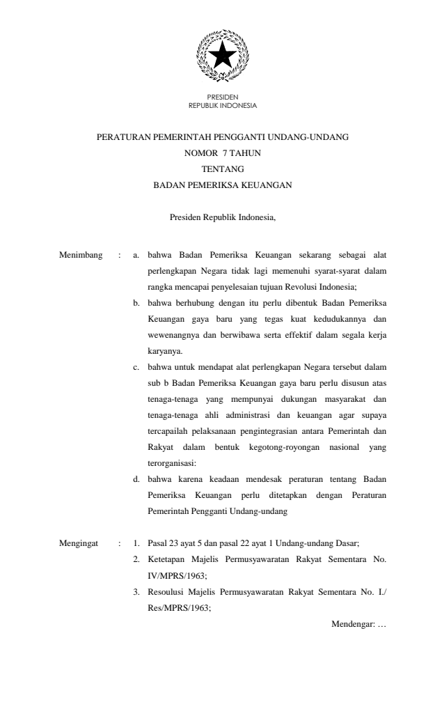 Peraturan Pemerintah Penganti Undang-undang Nomor 7 Tahun 1963