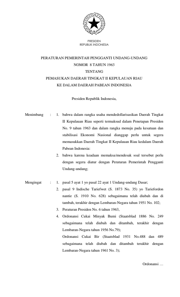 Peraturan Pemerintah Penganti Undang-undang Nomor 8 Tahun 1963