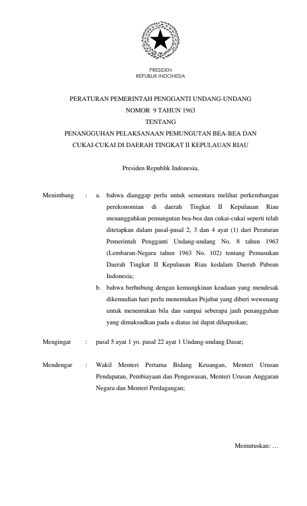 Peraturan Pemerintah Penganti Undang-undang Nomor 9 Tahun 1963