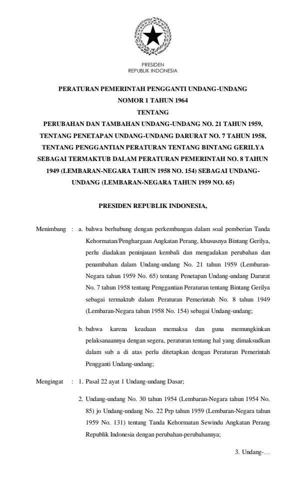 Peraturan Pemerintah Penganti Undang-undang Nomor 1 Tahun 1964