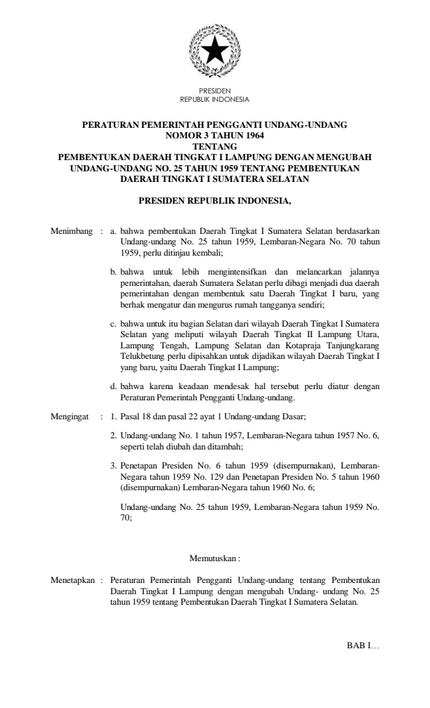 Peraturan Pemerintah Penganti Undang-undang Nomor 3 Tahun 1964