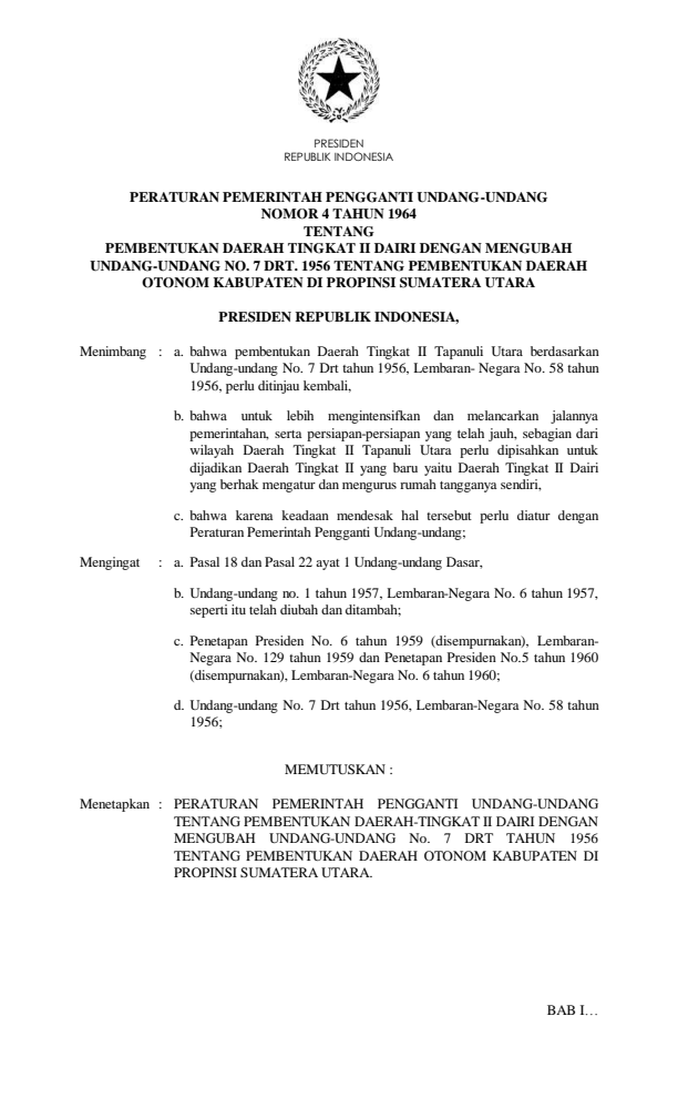 Peraturan Pemerintah Penganti Undang-undang Nomor 4 Tahun 1964