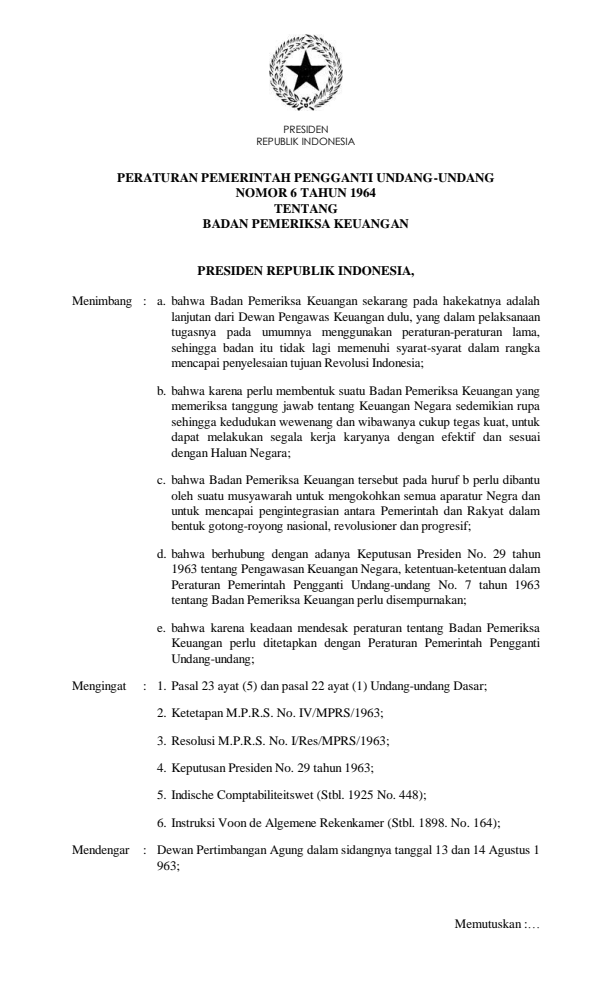 Peraturan Pemerintah Penganti Undang-undang Nomor 6 Tahun 1964