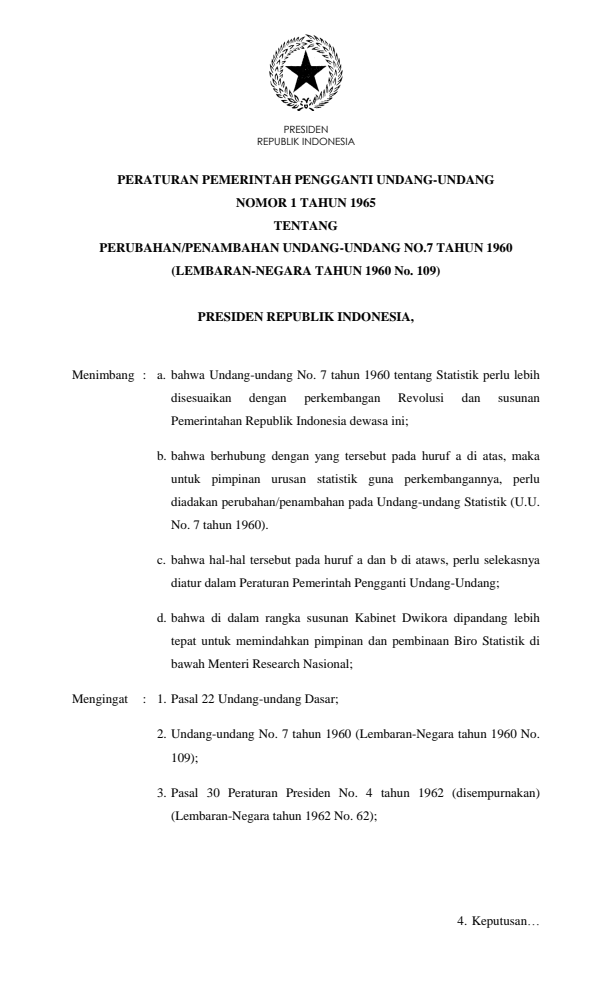 Peraturan Pemerintah Penganti Undang-undang Nomor 1 Tahun 1965