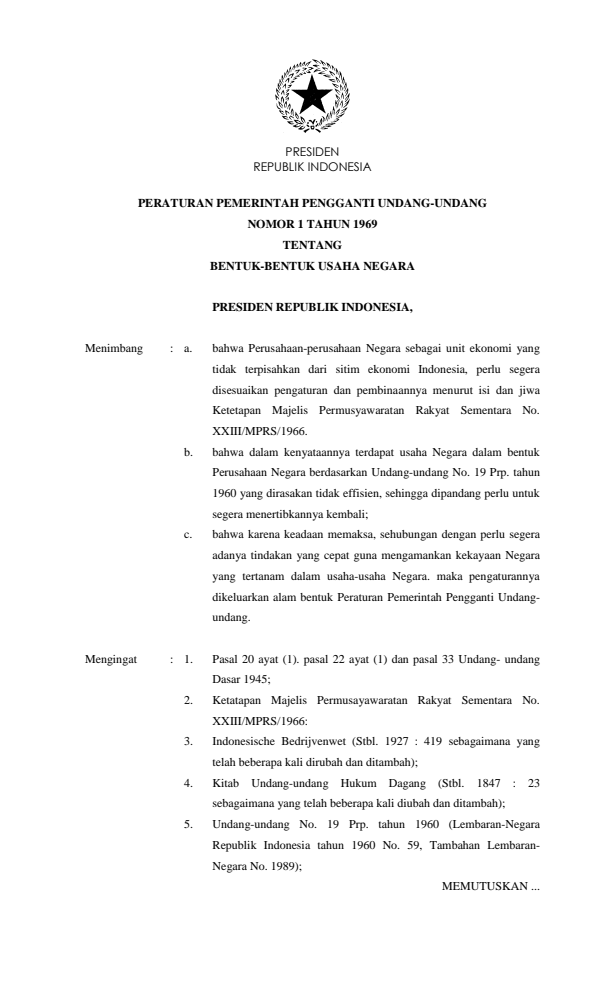 Peraturan Pemerintah Penganti Undang-undang Nomor 1 Tahun 1969