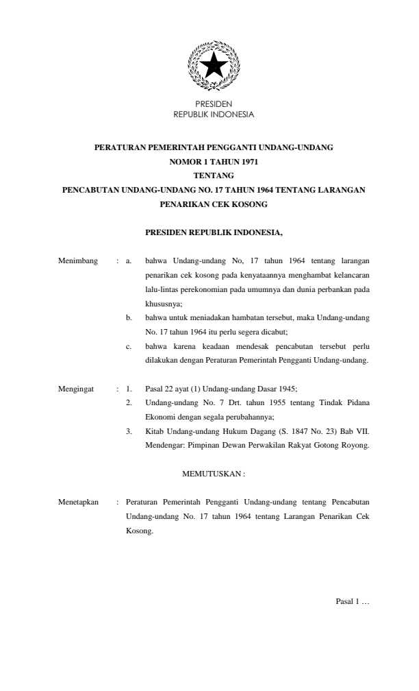 Peraturan Pemerintah Penganti Undang-undang Nomor 1 Tahun 1971