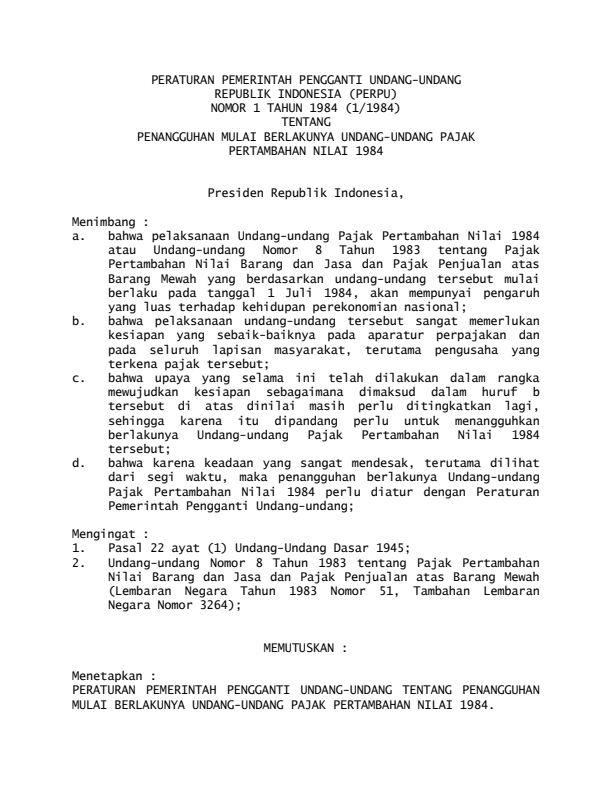 Peraturan Pemerintah Penganti Undang-undang Nomor 1 Tahun 1984