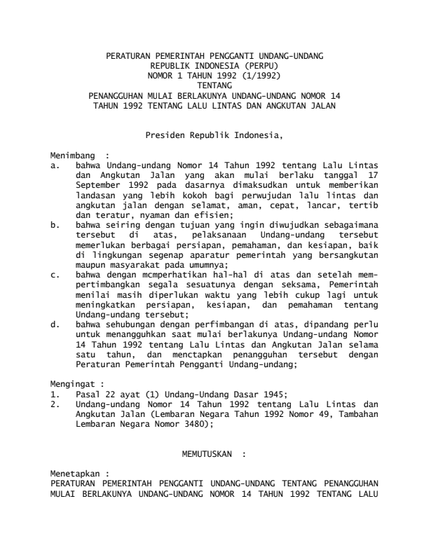 Peraturan Pemerintah Penganti Undang-undang Nomor 1 Tahun 1992