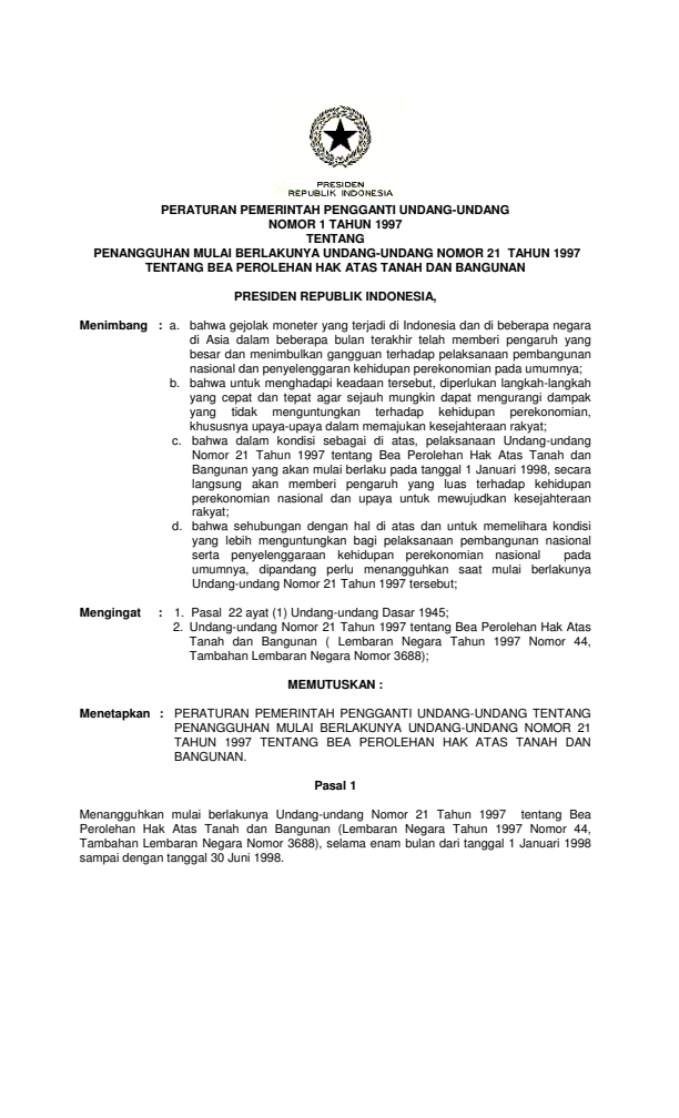 Peraturan Pemerintah Penganti Undang-undang Nomor 1 Tahun 1997