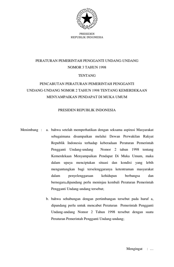 Peraturan Pemerintah Penganti Undang-undang Nomor 3 Tahun 1998