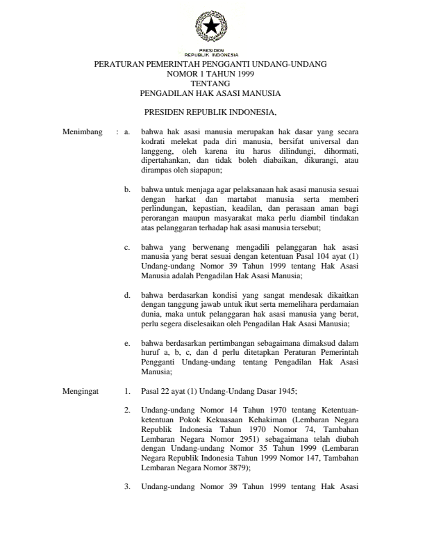 Peraturan Pemerintah Penganti Undang-undang Nomor 1 Tahun 1999