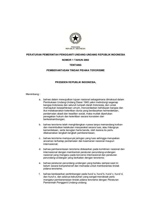 Peraturan Pemerintah Penganti Undang-undang Nomor 1 Tahun 2002