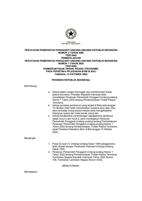 Peraturan Pemerintah Penganti Undang-undang Nomor 2 Tahun 2002