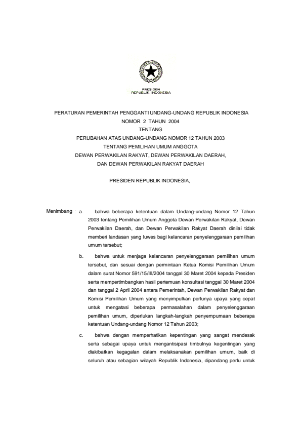 Peraturan Pemerintah Penganti Undang-undang Nomor 2 Tahun 2004