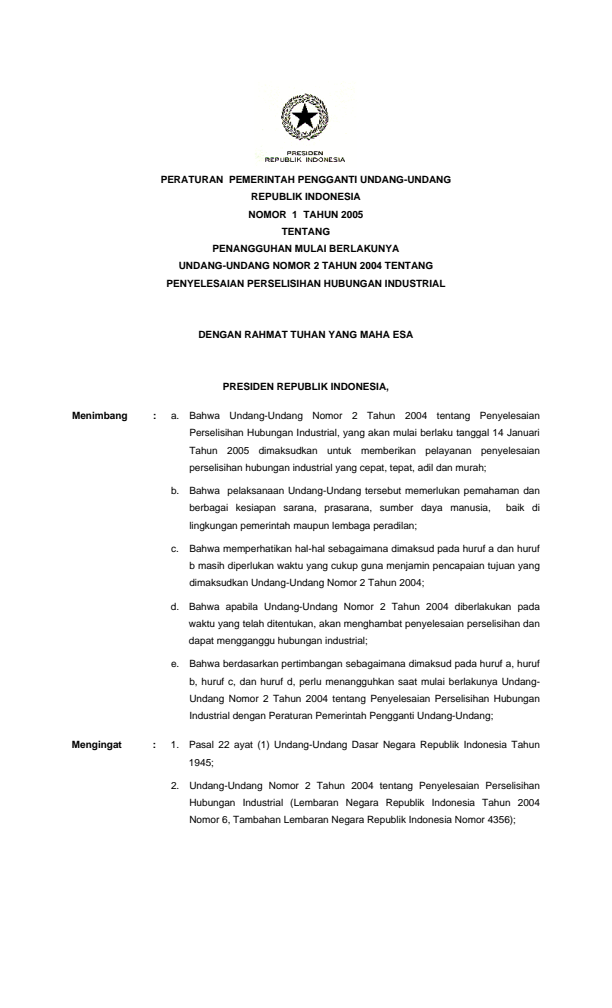 Peraturan Pemerintah Penganti Undang-undang Nomor 1 Tahun 2005