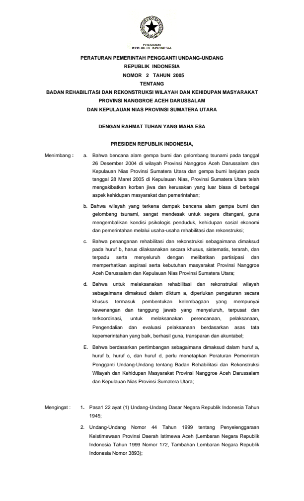 Peraturan Pemerintah Penganti Undang-undang Nomor 2 Tahun 2005