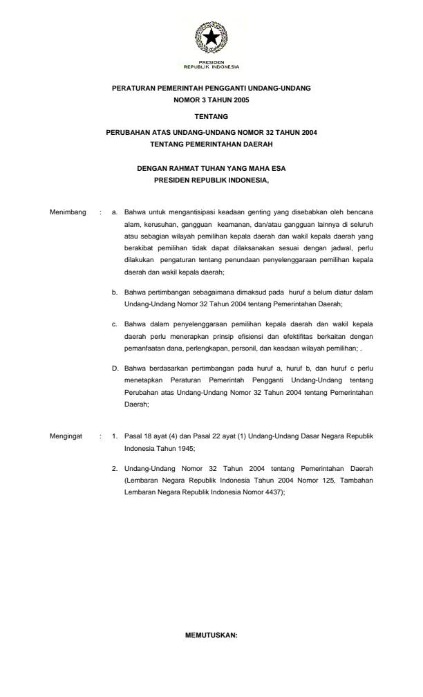 Peraturan Pemerintah Penganti Undang-undang Nomor 3 Tahun 2005