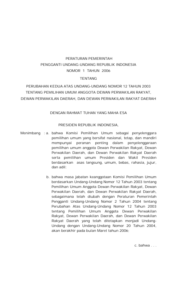 Peraturan Pemerintah Penganti Undang-undang Nomor 1 Tahun 2006