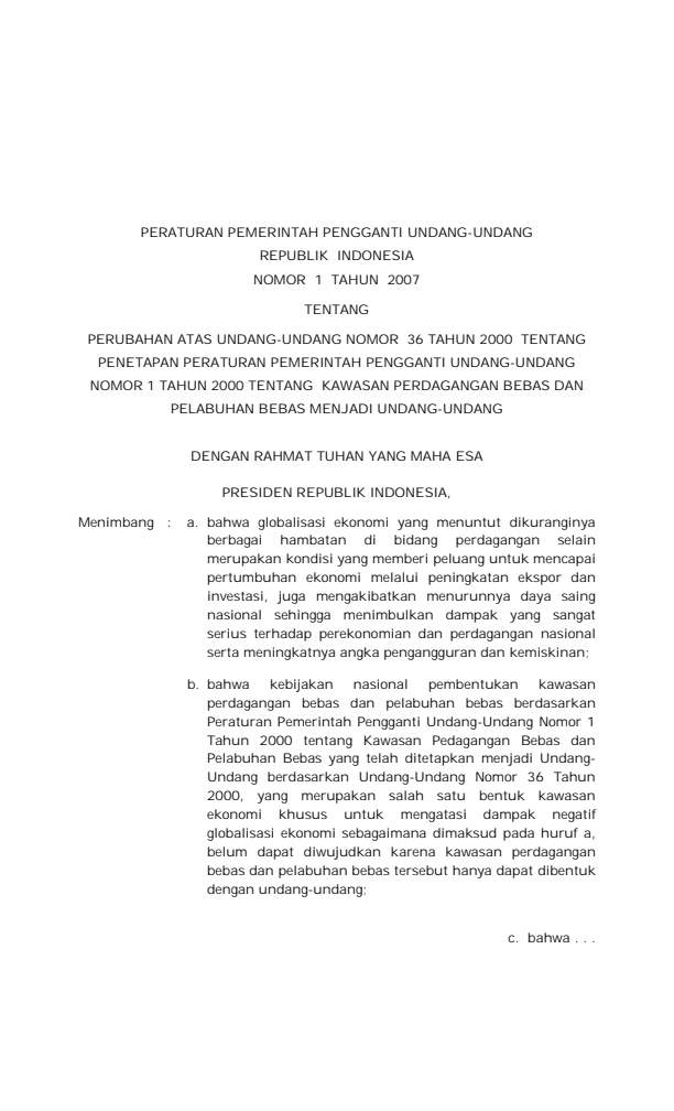 Peraturan Pemerintah Penganti Undang-undang Nomor 1 Tahun 2007