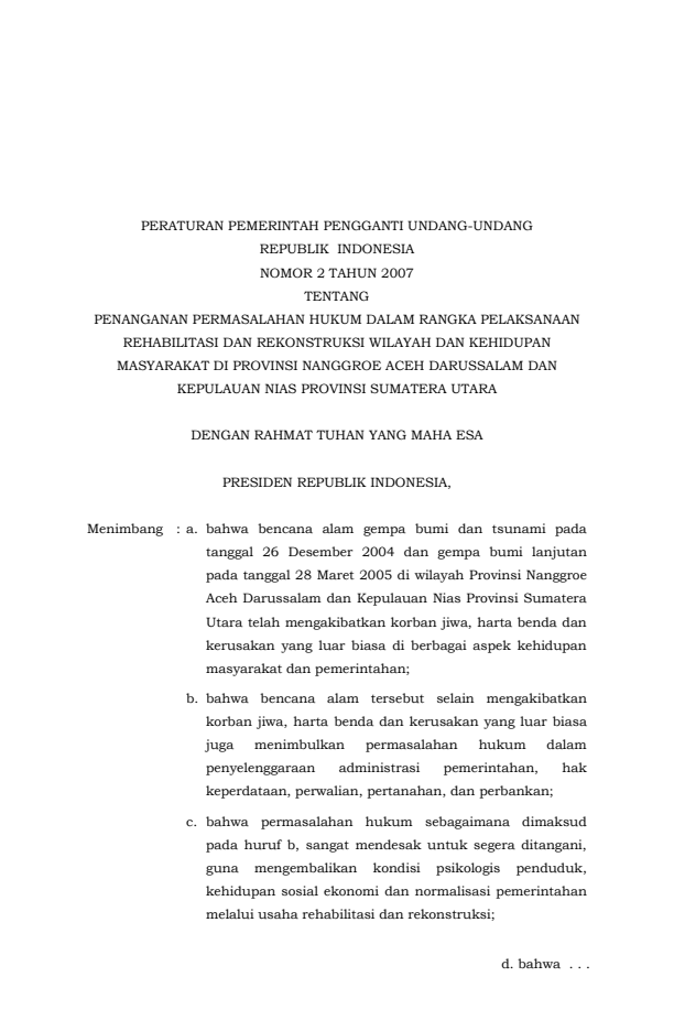 Peraturan Pemerintah Penganti Undang-undang Nomor 2 Tahun 2007