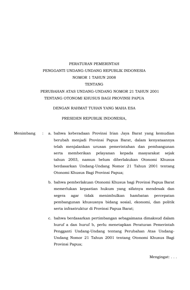 Peraturan Pemerintah Penganti Undang-undang Nomor 1 Tahun 2008