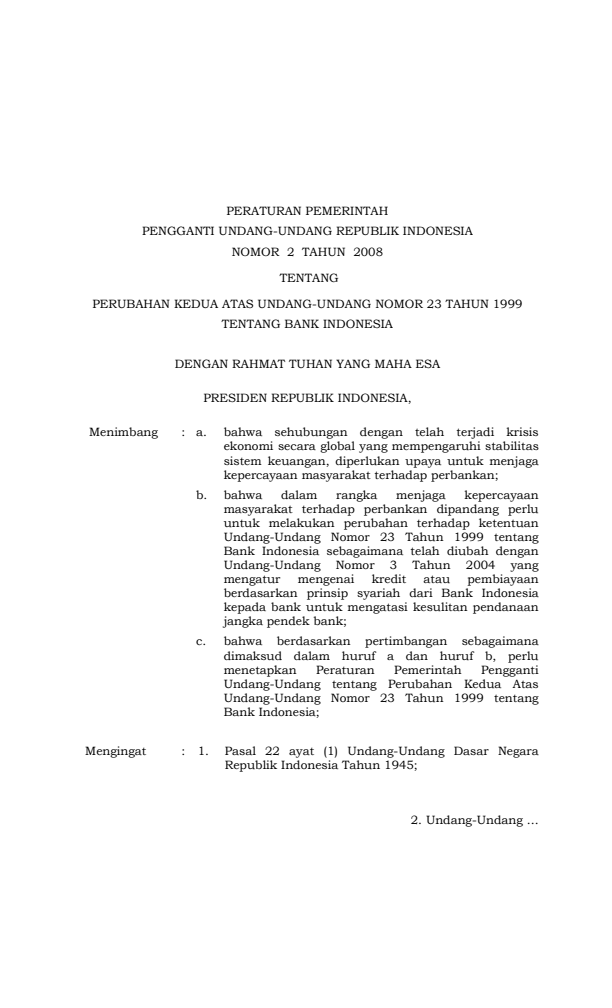 Peraturan Pemerintah Penganti Undang-undang Nomor 2 Tahun 2008